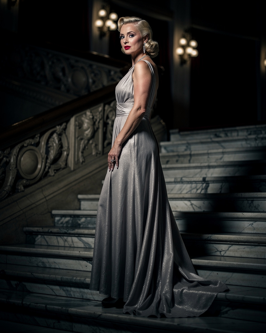 Elegant Dutch actress in vintage evening gown on a theatre staircase