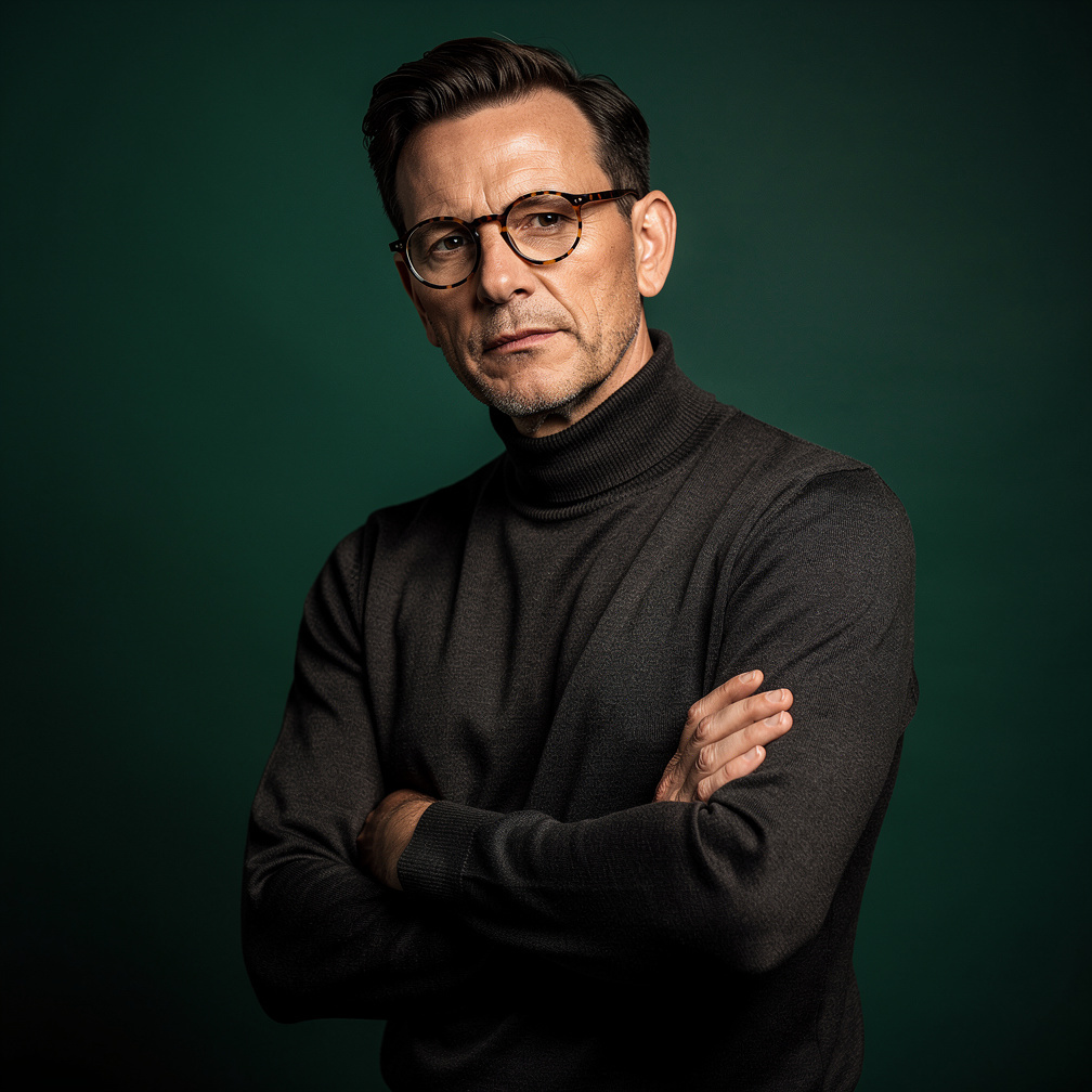 Thoughtful Dutch film director in a wool sweater studio portrait